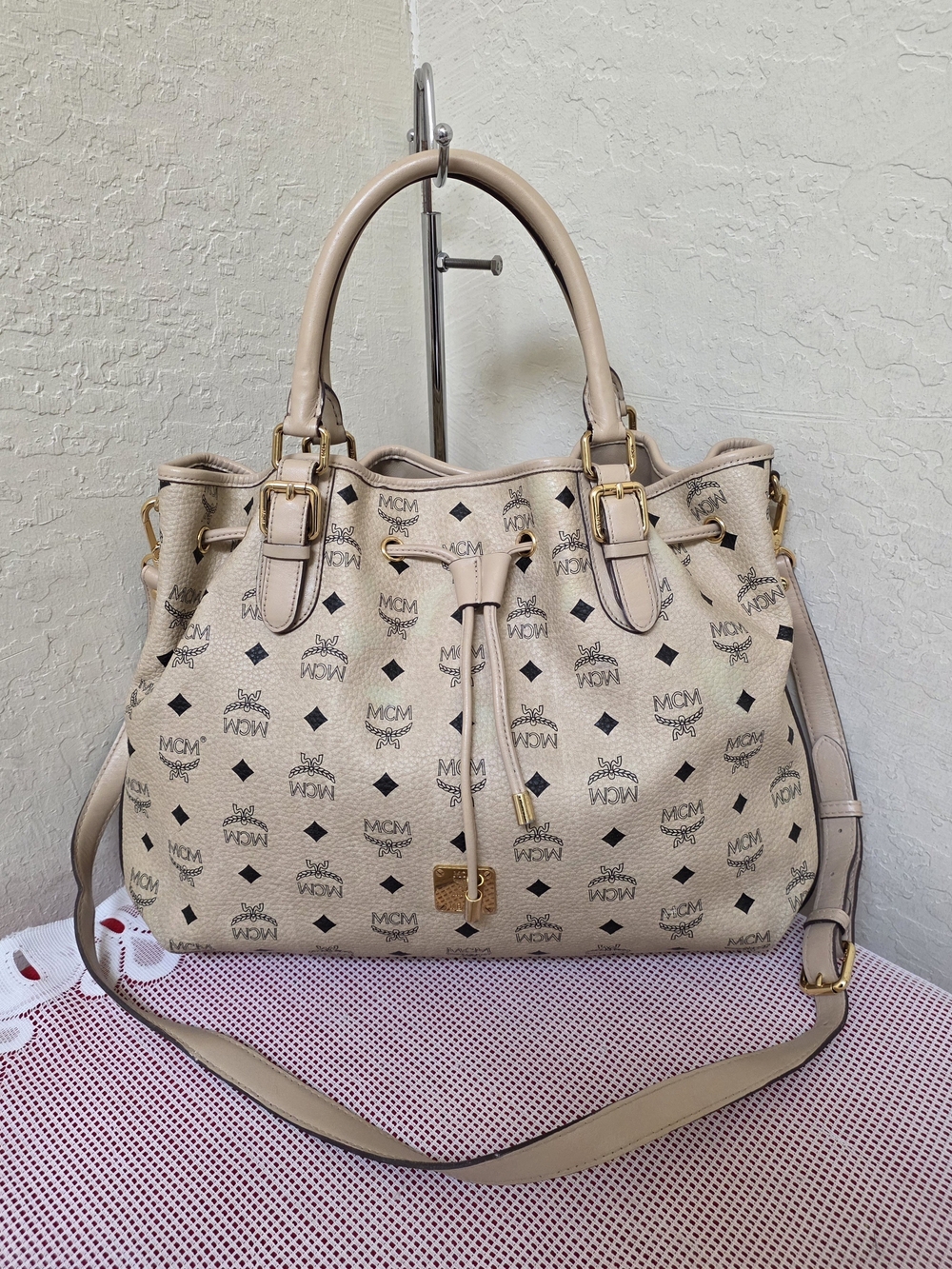 MCM Cream Drawstring Handbag With Long Handle Satchel AUTHENTIC